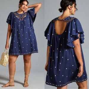 Anthropologie Navy Blue Embroidered Dress